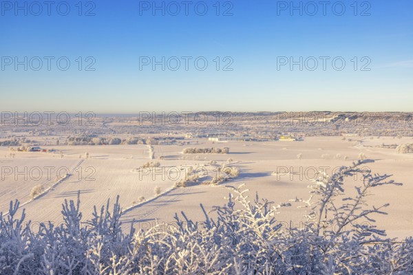 Beautiful countryside winter landscape view a cold sunny day with hoarfrost on the treetops and a blue sky, Ålleberg, Falköping, Sweden