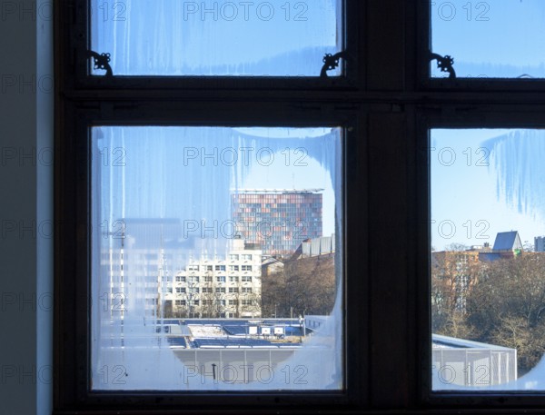 Condensation on the windows in the Martin Gropius Bau, view of Wilhelmstrasse and Berlin-Kreuzberg, Berlin, Germany