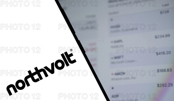 northvolt logo is displayed on smartphone. Northvolt AB is a Swedish battery developer and manufacturer company