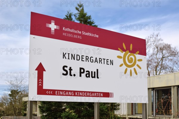 Heidelberg, Germany - February 20th 2025: Sign at entrance of Catholic City Church St. Paul's Kindergarten