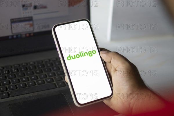 Dhaka, Bangladesh- 6 Jan 2025: Duolingo logo is displayed on smartphone. Duolingo Inc is an American educational technology company that produces learning apps and provides language certification