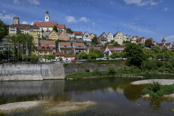 View of Horb am Neckar with the former Dominican monastery, the collegiate church Heilig Kreuz and the Schurkenturm, Baden-Württemberg, Germany