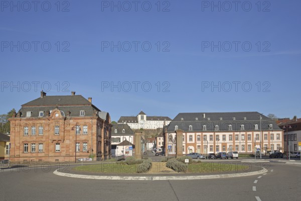 Former royal Bavarian rent office built in 1902 and baroque town hall built in 1775 with view of Schlossberg and castle, roundabout, roundabout, late baroque, classicist, palace, Blieskastel, Bliesgau, Saarland, Germany