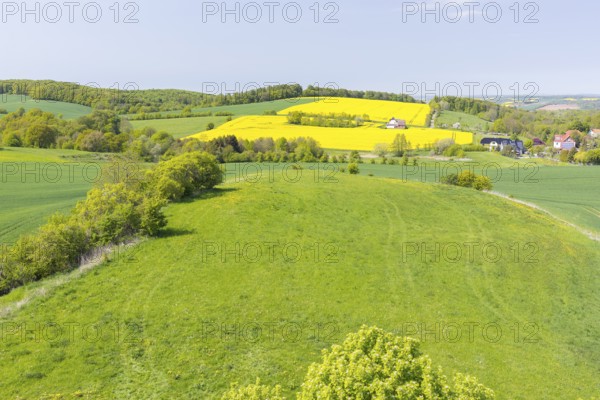 View of fields and pastures from the historic Wartturm Wehnder Warte, Lindenberg im Eichsfeld, Thuringia, Germany