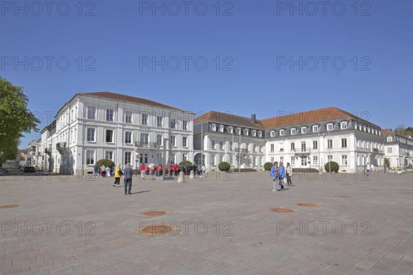 Herzogplatz with pedestrians and town hall, Herzogenvorstadt, Herzogplatz, Zweibrücken, Rhineland-Palatinate, Germany