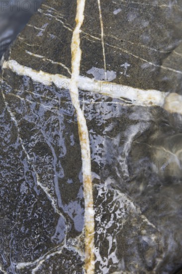 White inclusions in a stone in the shape of a cross, Tamina Gorge between Bad Pfäfers and Bad Ragaz, St. Gallen, Switzerland