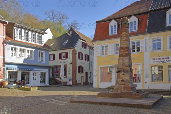 Napoleon fountain, obelisk, houses, snake fountain, Napoleon fountain, Blieskastel, Bliesgau, Saarland, Germany
