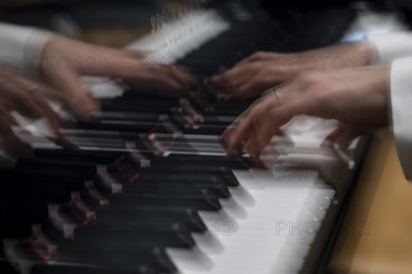 Moving hands of a young pianist playing on the keyboard of a Steinway & Sons grand piano, Stuttgart, Baden-Württemberg