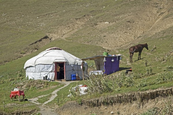 Kyrgyz yurt, temporary summer nomad dwelling in the mountains in the Osh Province, Kyrgyzstan