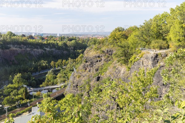 Viewpoint above the Felsenkeller in the Plauenscher Grund, the valley of the Weißeritz with rocks, bridges and city view in the background, Dresden, Saxony, Germany