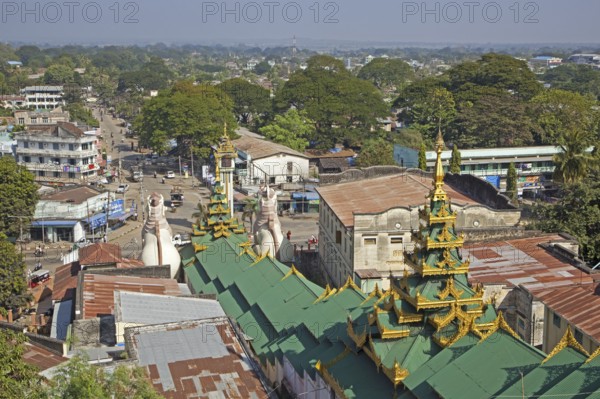 View over the city Pyay, Prome seen from the Buddhist Shwesandaw pagoda, Bago Region, Myanmar, Burma