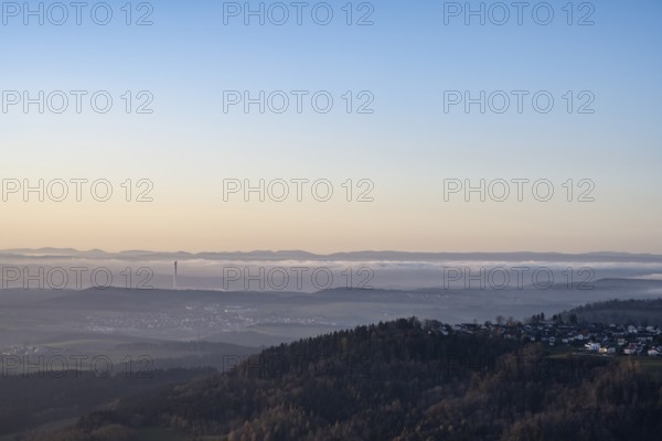 View from the 980 metre high Klippeneck on the western edge of the Swabian Alb towards Rottweil with the Thyssenkrupp Elevator test tower on the horizon, on the right the municipality of Gosheim-Wehingen, district of Tuttlingen, Baden-Württemberg, Germany