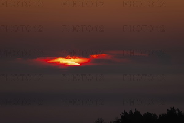 From the so-called Malerblick in Kronberg im Taunus, you can watch the sun break through the fog and cloud cover that shrouds the Rhine-Main region in the morning. Kronberg, Malerblick, Hesse, Germany