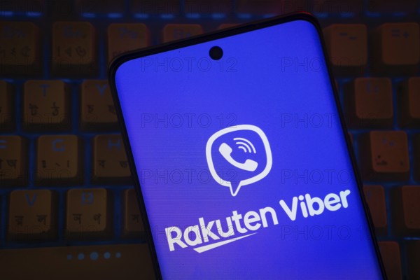 Dhaka, Bangladesh - 18 March 2025: The logo of the rakuten viber is displayed on a smartphone screen