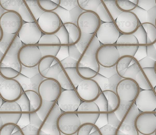 White 3D seamless wallpaper design with interwoven brown ribbon-like forms, presenting a modern and futuristic pattern ideal for elegant and minimalist applications