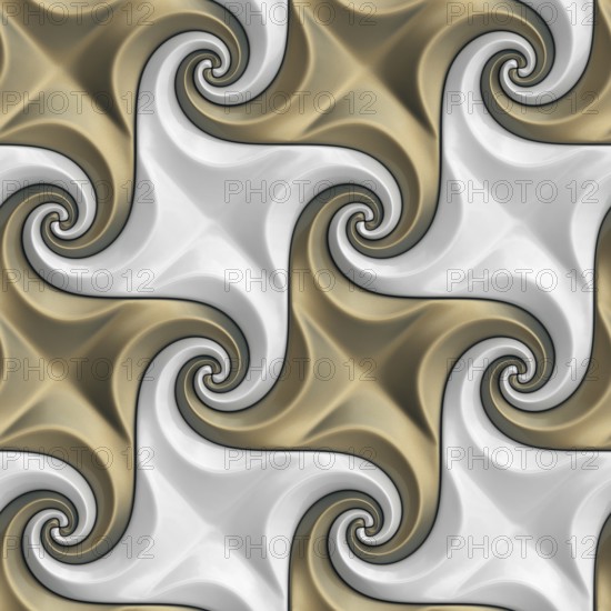 Sophisticated 3D illustration of seamless geometric swirls in gold and white, perfect for luxurious wallpaper designs and elegant backgrounds