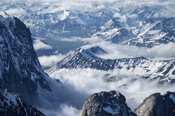 Snow and ice, epic mountains with glaciers, aerial view, Alaska Range, Denali National Park, Alaska, USA