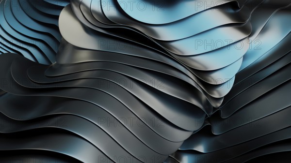 Close up of smooth, metallic wave patterns with blue light reflections, creating a futuristic and abstract design in 3D. The sleek surface adds depth and dynamic flow to the image