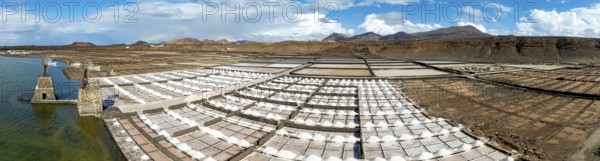Salt mining plant, Salinas de Janubio with green Laguna de Janubio, near Yaiza, aerial view, Lanzarote, Canary Islands, Spain