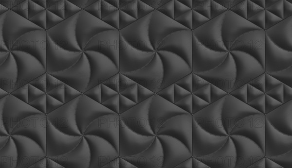 Modern black 3D wallpaper with textured leather hexagonal and rhombus-shaped soft panels, creating a bold, stylish, and sophisticated design for walls and interiors