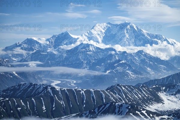 Panorama, clouds over high mountains, Mt Denali or Mount McKinley, aerial view, Alaska Range, Denali National Park, Alaska, USA