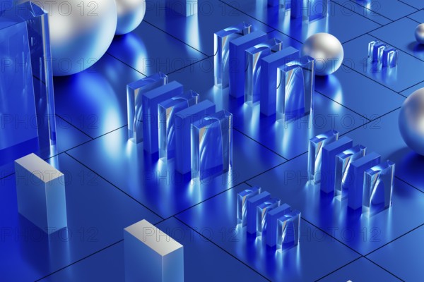 An array of geometric forms cast in blue illuminates a stunning 3D technological environment, showcasing reflective surfaces and intricate designs