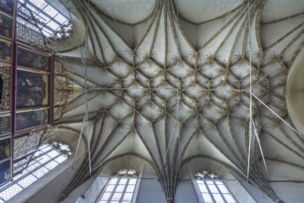Net vault of the late Gothic three-nave hall church, 15th century, Birthälm fortified church, Biertan, Transylvania, Romania