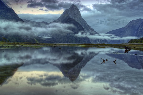 New Zealand, South Island, Milford Sound, clouds of fog, morning light, landscape, water