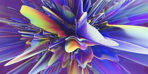 A striking image featuring vibrant 3D extrusions in holographic, fluid colors, creating a dynamic and abstract visual effect. This artwork captures a blend of intense hues and organic shapes, ideal for modern graphic designs