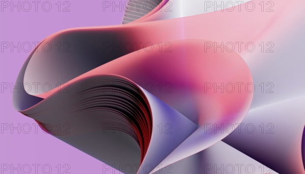 A 3D rendered illustration featuring fluid, abstract shapes in a blend of pink, purple, and red tones against a soft background. The smooth, layered curves and gradients create a visually soothing effect