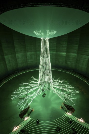 New exhibition at Gasometer Oberhausen, art sculpture The Tree, 40 meter high light installation, shows different stages of a tree with light and music, exhibition Myth Forest, on 3 levels and with several thematic chapters, the exhibition shows the diversity of the world's forests with pictures, videos and exhibits, North Rhine-Westphalia, Germany