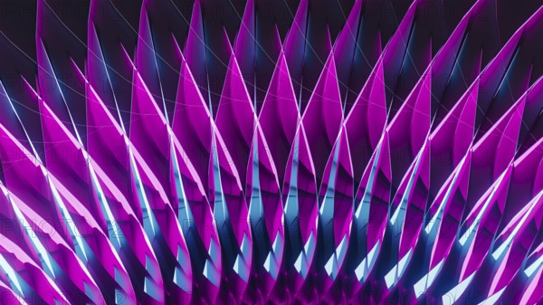 Colorful neon lights illuminate sharp geometric shapes in an abstract design, creating a captivating visual experience in a modern atmosphere