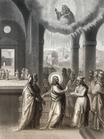 Jesus teaching in the temple, New Testament, steel engraving 1853, digitally