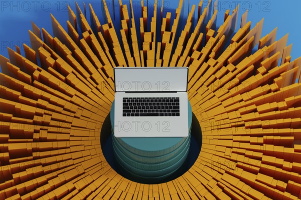 A laptop stands surrounded by vibrant data elements, symbolizing connection and network activity for artificial intelligence technology