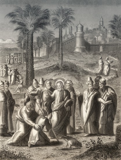 Healing a blind man near Jericho, New Testament, steel engraving 1853, digitally restored