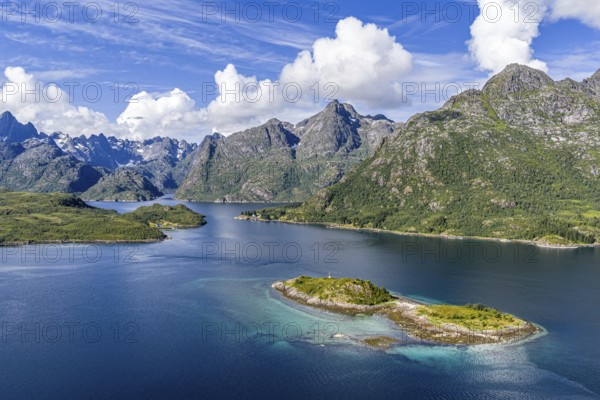 Aerial view over the Raftsund, the waterway between Lofoten and Vesteralen island, island Rognholman in front, entry to famous Trollfjord, Norway