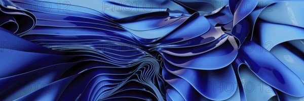 This abstract image features fluidly swirling metallic blue waves, creating a sense of dynamic movement and visual depth, ideal for modern design and artistic projects