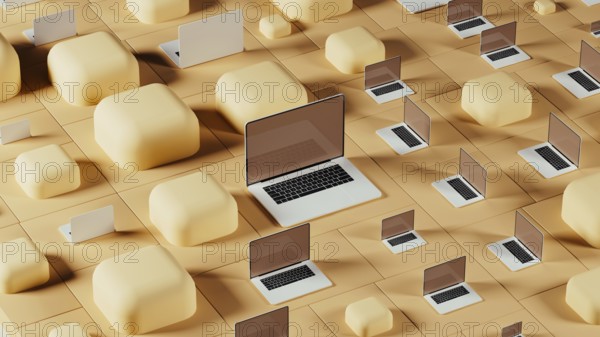 Laptops are arranged against a backdrop of geometric shapes and tiles, creating a contemporary tech atmosphere for digital creativity and work