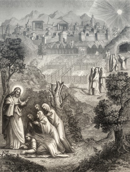 Christ appears to the holy women, Resurrection of Jesus, New Testament, steel engraving 1853, digitally restored