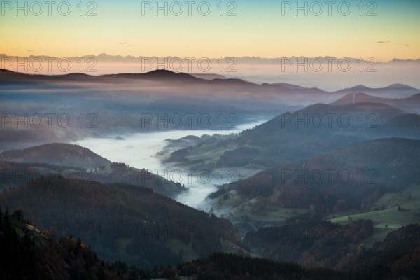 View from Belchen heading south of Wiesental and the Swiss Alps, morning atmosphere with fog in autumn, sunrise, Belchen, Black Forest, Southern Black Forest, Baden-Württemberg, Germany