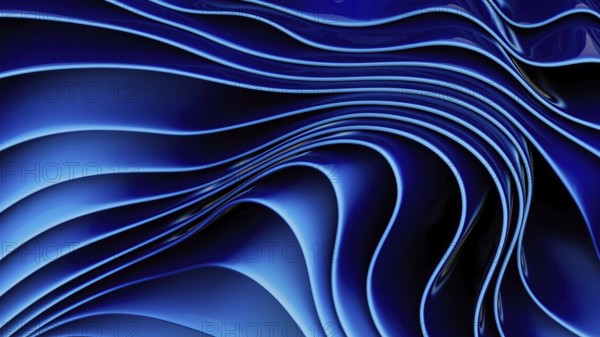 Vivid abstract blue waves create a dynamic flowing pattern, with smooth curves and gradients. The design evokes a sense of fluidity and movement against a dark backdrop