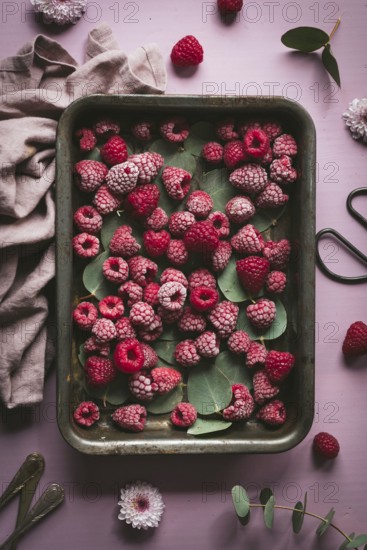 A tray of frozen raspberries with scattered eucalyptus leaves on a pink surface, surrounded by flowers and cloth, creating a natural and rustic setting
