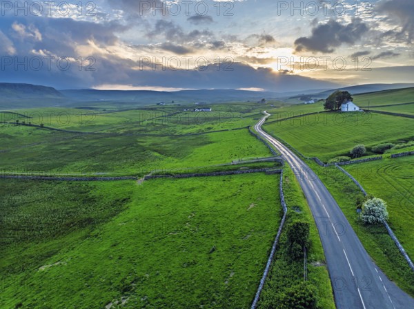 Forest in Teesdale over River Tees from a drone, North Pennines AONB, County Durham, England, United Kingdom