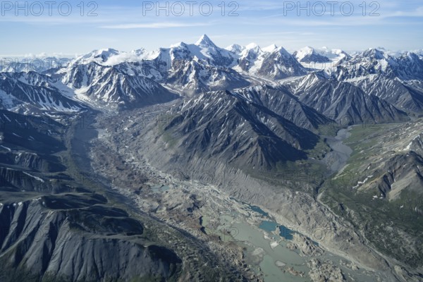 Melted glacier, glacier bed, aerial view, Alaska Range, Denali National Park, Alaska, USA