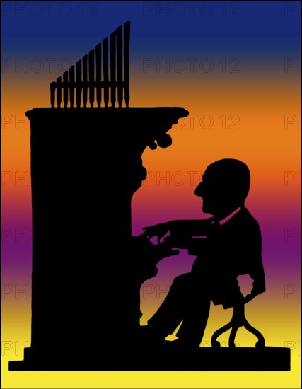 Anton Bruckner playing organ, Silhouette print by Hans Schließmann, digitally edited