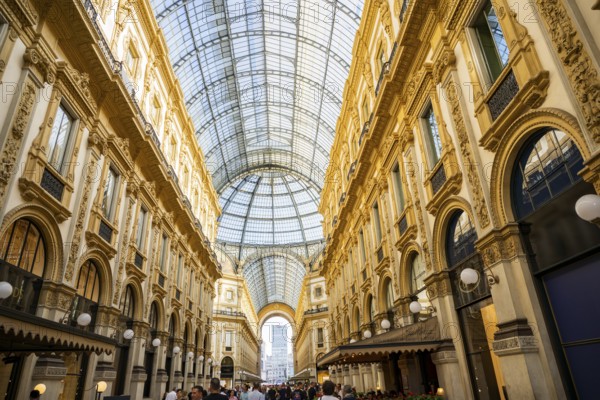 View of the Galleria Vittorio Emanuele with its many luxury shops in Milan on a sunny day, Milan, Italy