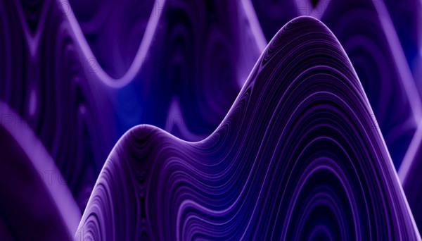 A mesmerizing 3D render depicting undulating abstract wave patterns in varying shades of purple and blue. Ideal for backgrounds or creative projects