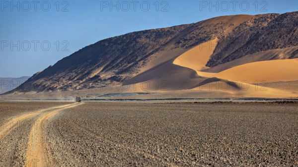 Majestic, curved sand dunes on the edge of a desert road, The landscape of the Sahara in Algeria