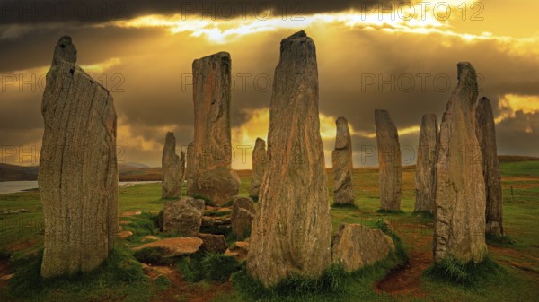 Europe, Scotland, Great Britain, England, Isle of Lewis, sunset, evening mood, monoliths, Callanish, Standing Stones of Callanish, stones