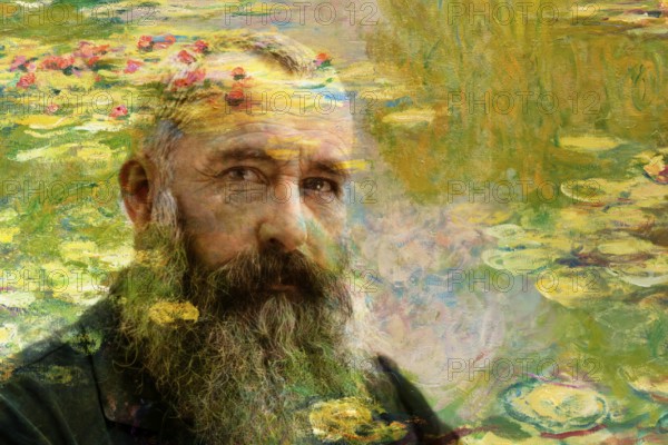 Portrait of Claude Monet, 1840 – 1926, French painter and founder of Impressionism, with his painting the Water Lily Pond, garden at Giverny in the backgroud, 1899, digitally optimized based on a photograph by Nadar, subsequently colored